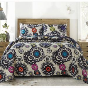 Boho Pattern Printed Queen Quilt Set Farmhouse Floral Cottage Kaleidoscope